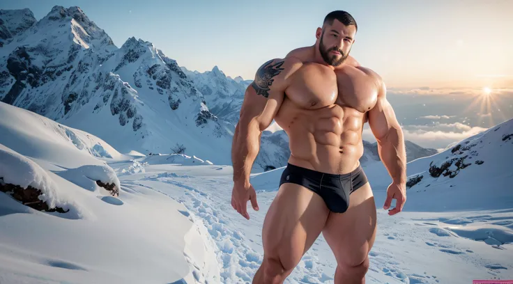 A Chinese bodybuilder， on，the super hot and sexy，Blonde hair, short detailed hair, on a snowy mountain，It was snowing heavily，Sunset lights, Short beard perfect figure with tattoos, Very huge and strong body, Bulging muscles, musculous, Very large pectoral...