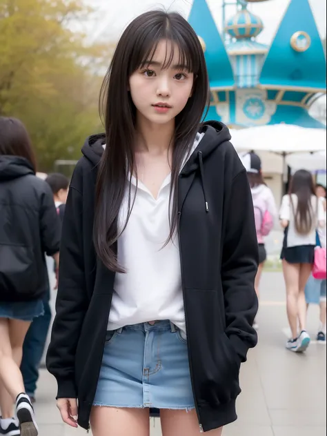 年轻，(a miniskirt)，Mokomokos hoodie，teens girl，Delicate body，petite body，Delicate body，small tits，tiny chest，Short，A dark-haired，Very Longhair，a shower，An amusement park，Looks Back