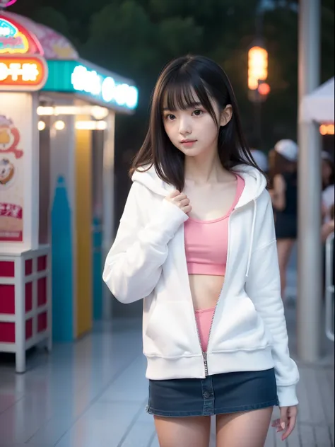 年轻，(a miniskirt)，Mokomokos hoodie，teens girl，Delicate body，petite body，Delicate body，small tits，tiny chest，Short，A dark-haired，Very Longhair，a shower，An amusement park，Looks Back