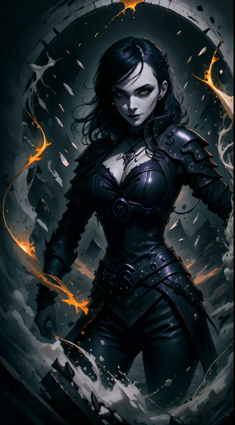 A epic wallpaper of a woman, vampire, goth style, black haired, dark leather armor, Village, shadows, dark yellow eyes, splash arts, aesthetic for Tshirt design, highly detailed, medieval, darkness, blood