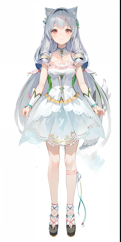 anime girl in a white dress with a cat ears and tail, art style of rune factory 5, cute anime waifu in a nice dress, full body adoptable, official character art, anime full body illustration, !!full body portrait!!, pretty anime character design, full port...