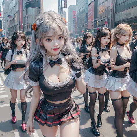 (SFW, 12 Tiny Girls in a row:1.2, Shibuya Hachiko-mae scramble crossing on Halloween:1.2), (masterpiece:1.2, best quality, photorealistic:1.37), {(Standing Full Body:1.2)|(from below:1.2)}, short silver hair, {School Uniform|naked bandage|tutu}, (Detailed ...