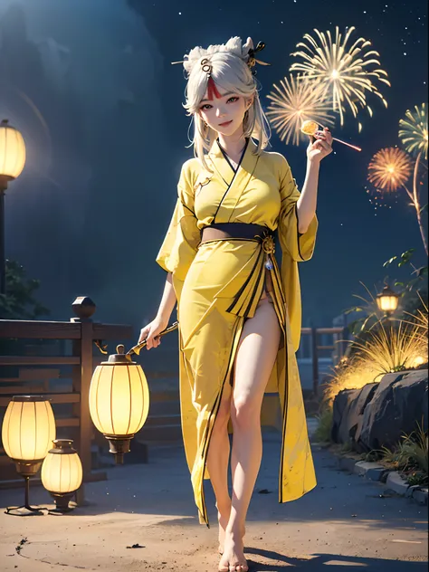 Ningguang (genshin impact), wearing a (((short yellow yukata))),((transparent)), extremely detailed, masterpiece, realistic anime, 4k, hd wallpaper, blue eyes, smiling, standing, stalls, night sky fireworks, 19 year old girl