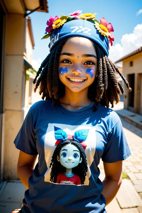 Menina de 12 anos, cabelos loiros, corpo inteiro, Alegre, Feliz, sorrindo, Realistic, Cartoon, Funko, vestindo camiseta branca e bermuda azul, Crazy hat with flower head, Realistic, master part, Executando, floresta,