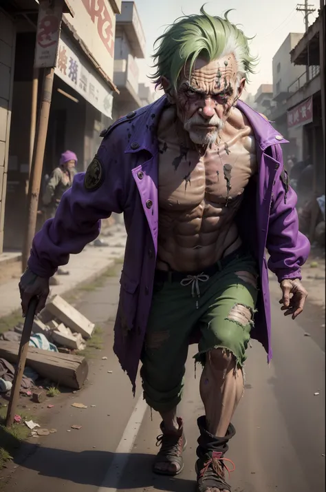 80-year-old clown,Like a beggar ,The expression is fierce， guffaw，Fitness ，The expression is fierce，Dirty green hair ,Fierce expression,full bodyesbian,kung fu pose，Tattered purple coat，Like a bum，Wandering the streets,(((Very dirty and poor,ripped clothin...