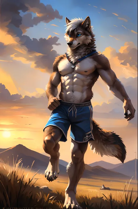 ((Solo)), male people, anthro wolf, (Multi-colored fur, White-brown:1.3), ((Wolf face, White hair, Big eyes, White eyelids, Blue pupil, Slim:1.2) (Tough, Calm expression:1.2)), Abs, Slim, pinging)), (Correct anatomy), (Work shorts:1.1), (Contour bone:1.2),...