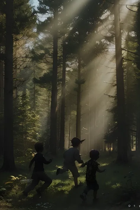 Only the black shadow of three children playing in a forest, two boys and a girl playing
 Childrens shadow