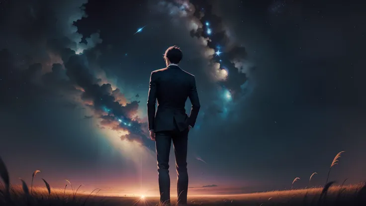 Anime art of a man standing in a field with huge stars in the sky