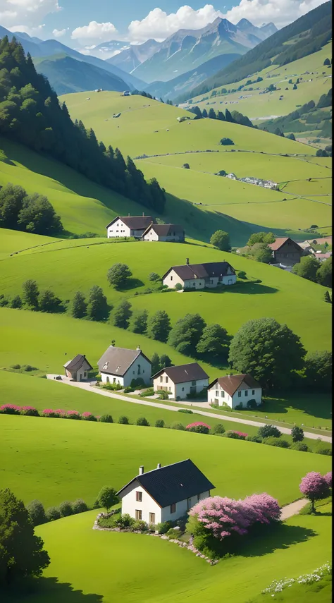 Peaceful and idyllic countryside, Rolling green hills dotted with grazing sheep, Charming house，Set amidst vibrant flowers, Clear blue sky overhead, Evokes a sense of peace and simplicity, Valle encantador, switzerland, patches of green fields, lush countr...