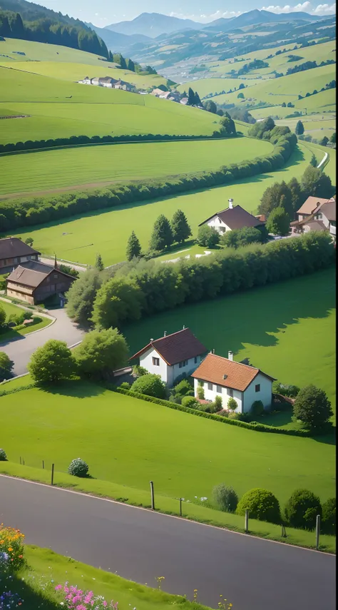 Peaceful and idyllic countryside, Rolling green hills dotted with grazing sheep, Charming villa，Set amidst vibrant flowers, Clear blue sky overhead, Evokes a sense of peace and simplicity, Valle encantador, switzerland, patches of green fields, lush countr...