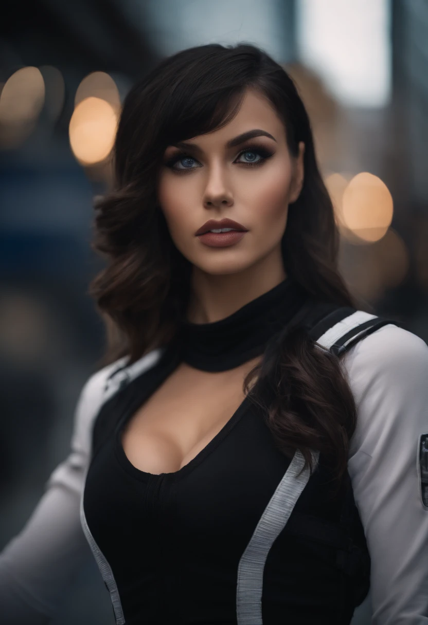 1girl, looks like Whitney Johns, solo, long hair, revealing black ops tactical vest, large breasts, fit body, looking at viewer, tokyo street background, black hair, two side up, turtleneck, blue eyes, lips, closed mouth, ribbon, hair ribbon, bangs, full b...