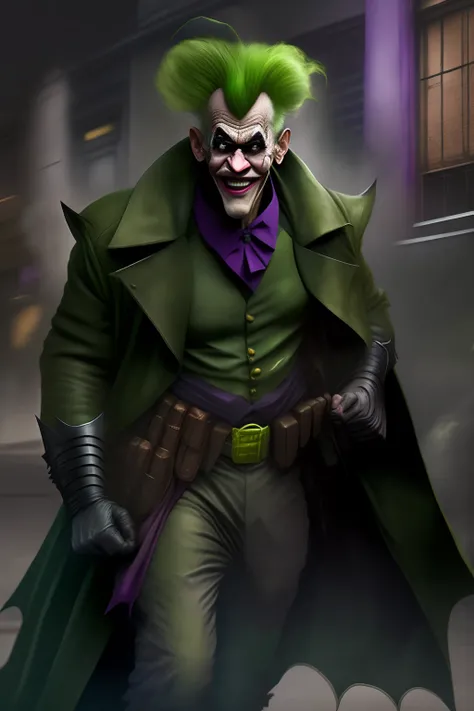 batman comics concept，80-year-old clown beggar with a fierce expression， guffaw，Fitness ，The expression is fierce，Dirty green hair ,Fierce expression,full bodyesbian,kung fu pose，Tattered purple coat，Like a bum，Wandering the streets,very dirty poor,ripped ...