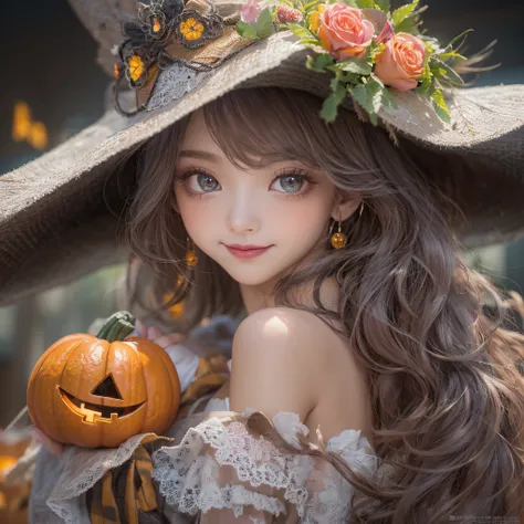 Halloween Hat、close-up of the smile face、close-up of the smile face、Halloween Designer、Halloween Supermodel、makeup、Glossy lips、Shining eyes、(realisitic、hight resolution)、(1 girl in)、Do-Up Eye、Korean Girl、(Best Quality), (masutepiece), (1girl in), Solo, a b...