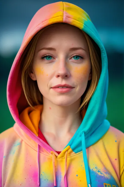 beautiful American college woman, wearing hoodie, looking at viewer, holi color festival, portrait, hyper detailed  POV, by lee jeffries, nikon d850, film stock photograph ,4 kodak portra 400 ,camera f1.6 lens ,rich colors ,hyper realistic ,lifelike textur...