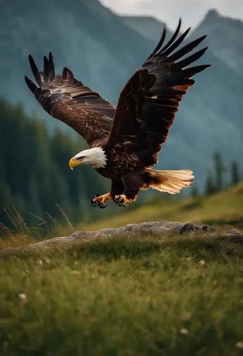 There is an eagle flying in the grass with a rock in the background, Uma foto de Derek Zabrocki, Unsplash, Arte Digital,