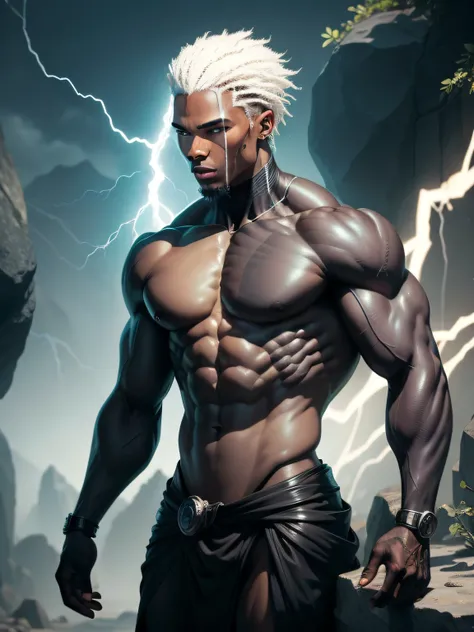 black humanoid made of rock, upper body, barechested, male, ((masterpiece, best quality)), cracked skin, white electricity coming through cracks, muscular male, (dragonborn:0.6), white hair outdoors, detailed background depth of field