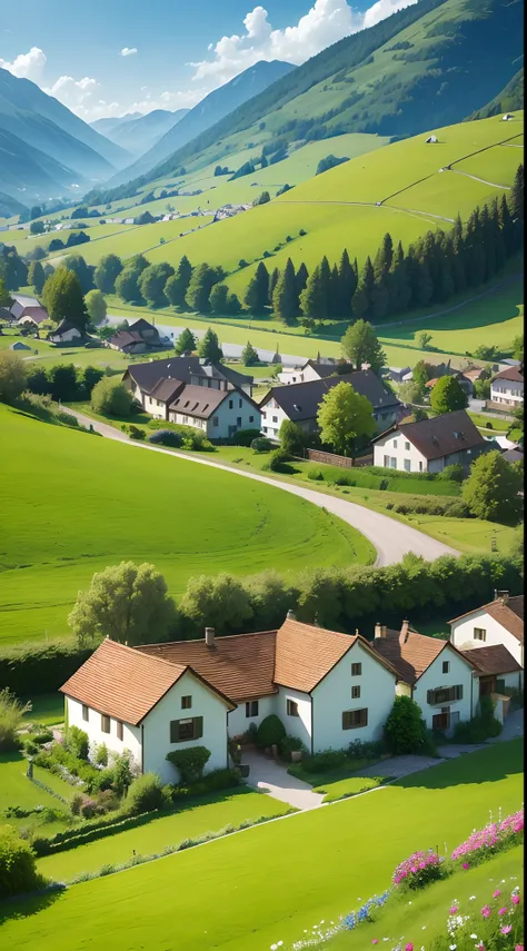 Peaceful and idyllic countryside, Rolling green hills dotted with grazing sheep, Charming villa，Set amidst vibrant flowers, Clear blue sky overhead, Evokes a sense of peace and simplicity, Valle encantador, switzerland, patches of green fields, lush countr...