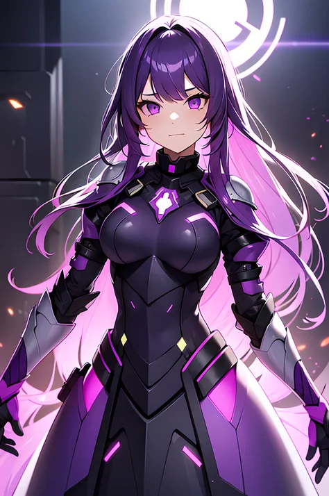 a girl, long purple hair, luminous armor plate dress, abstarct, vibrant, neon