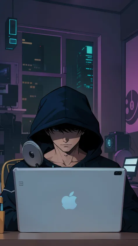 A 17-year-old boy sitting in his room cyberpunk style room with hero decoration, The boy is sitting facing him with a computer open, The boy is in a dark-hued hoodie, The art style is in the drawing