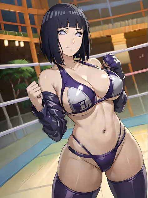 anime style, wrestling ground, (hinata(boruto), (female wrestler), (slender body), mature woman, milf, (bikini, pro wrestling gear) victorious, gorgeous, winner, kind face, smile, closed mouth, pale skin, shiny skin, (dark blue hair color:1.1), wavy hair, ...