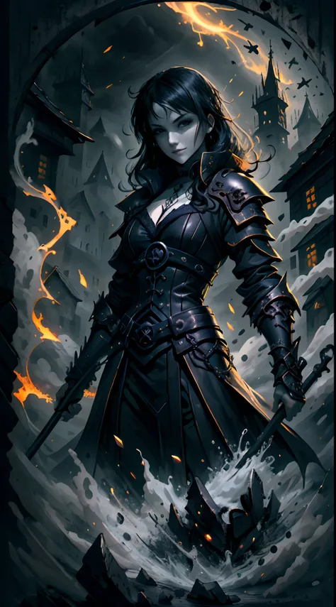 A epic wallpaper of a woman, vampire, goth style, black haired, dark leather armor, Village, shadows, dark yellow eyes, splash arts, aesthetic for Tshirt design, highly detailed, medieval, darkness, blood