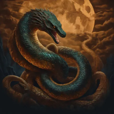 (a serpent with nine heads),mythological creature,large and menacing,each head has sharp fangs and fiery eyes,thick scales covering the entire body,glistening in the moonlight,writhing and twisting in the darkness,each head has a unique color and pattern,p...