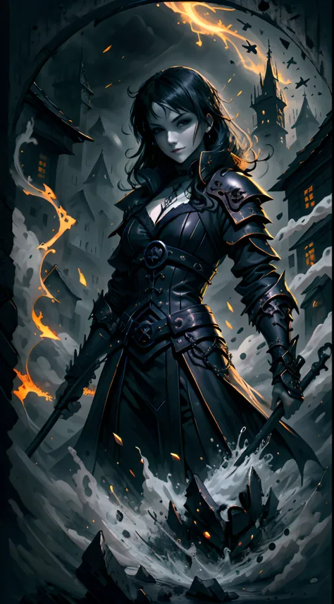 A epic wallpaper of a woman, vampire, goth style, black haired, dark leather armor, Village, shadows, dark yellow eyes, splash arts, aesthetic for Tshirt design, highly detailed, medieval, darkness, blood