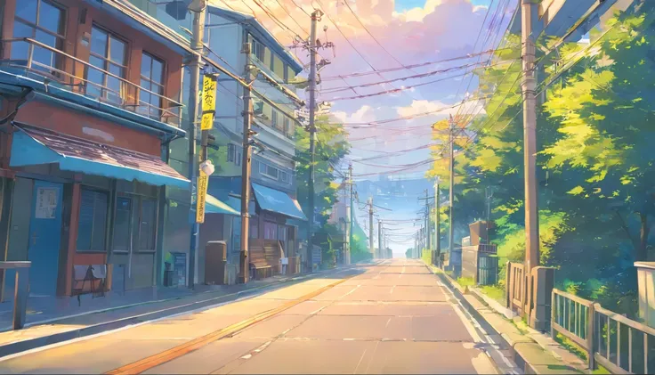 There is a painting of a road with wires and poles, anime countryside landscape, Anime background art, Anime landscape, Highly detailed illustration.”, anime style cityscape, Makoto Shinkais style, anime backgrounds, Anime landscapes, in the style of makot...