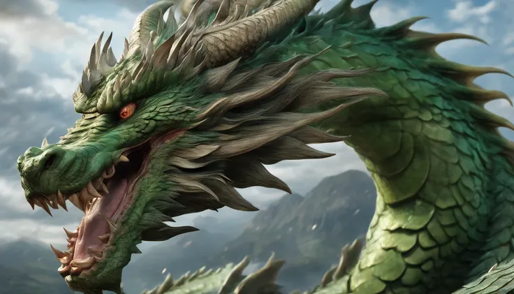 (best quality, 8K, high-res, masterpiece:1.2), (realistic:1.37), Chinese dragon, Green Dragon, auspicious sign, mythological beasts, long dragon whiskers, metal scales, cloud soaring, rich details, majestic, holy, sharp talons