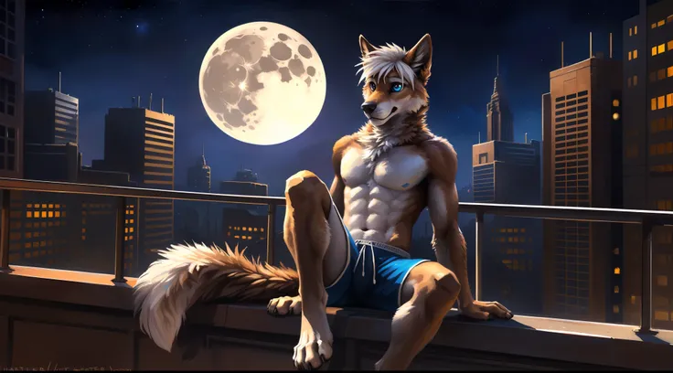 ((Solo)), male people, anthro wolf, (Multi-colored fur, White-brown:1.3), ((Dog face, White hair, Big eyes, White eyelids, Blue pupil, Slim:1.2) (Tough, Calm expression:1.2)), ((sport:1.1)), Abs, Slim, pinging)), (Correct anatomy), (Work shorts:1.1), (Cont...