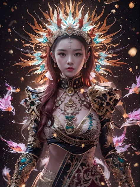 32K gradient glass texture（tmasterpiece，k hd，hyper HD，32K）Short burgundy hair，Short flowing hair，Onsen District，Flame Girl ，Yao Lang protector （realisticlying：1.4），Python pattern robe，Black gold master Kawashima work headdress，Snowflakes fluttering, high r...