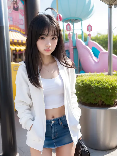 年轻，(a miniskirt)，Mokomokos hoodie，teens girl，Delicate body，petite body，Delicate body，small tits，tiny chest，Short，A dark-haired，Very Longhair，a shower，An amusement park