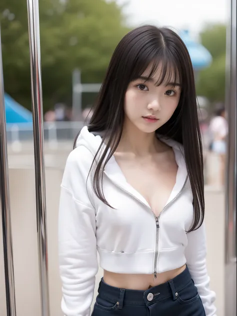 年轻，(a miniskirt)，Mokomokos hoodie，teens girl，Delicate body，petite body，Delicate body，small tits，tiny chest，Short，A dark-haired，Very Longhair，a shower，An amusement park