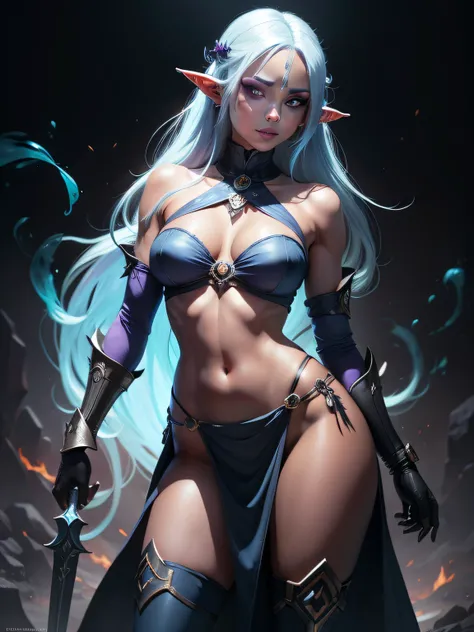 drow, female, breasts, solo, pointy ears, navel, long hair, blue hair, thighhighs, blue fire, looking at viewer, gloves, fire, large breasts, pelvic curtain, shoulder armor, armor, purple eyes, blue skin, cowboy shot, colored skin, smile, midriff, elbow gl...