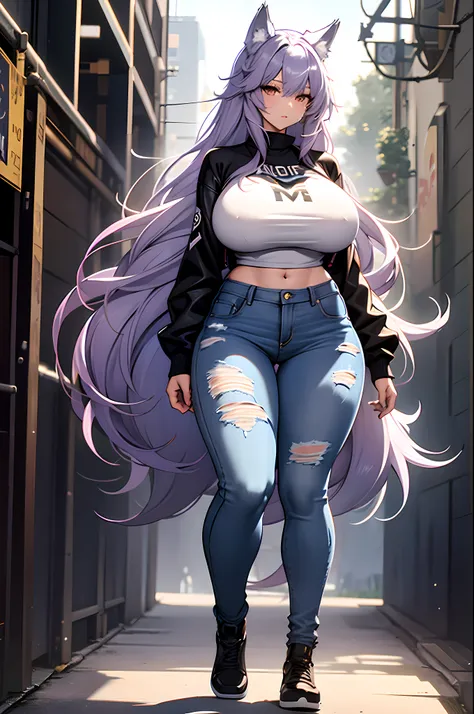 one woman, wolf girl, wolf ears, wolf tail, violet hair, strong, firm body, thick thighs, big breasts, muscular arms, casual clothes, sfw, sexy, full body, masterpiece, highly detailed, shiny clothes, latex, tall women, Jeans,