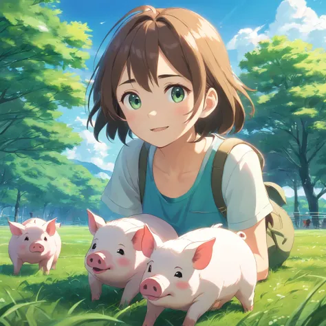 (best quality,4k,8k,highres,masterpiece:1.2),ultra-detailed,(realistic,photorealistic,photo-realistic:1.37),3 cartoon pigs,3D style,blender,adorable,sunny day,cute noses,lively expressions,vibrant colors,soft shadows,playful poses,curly tails,fur details,s...