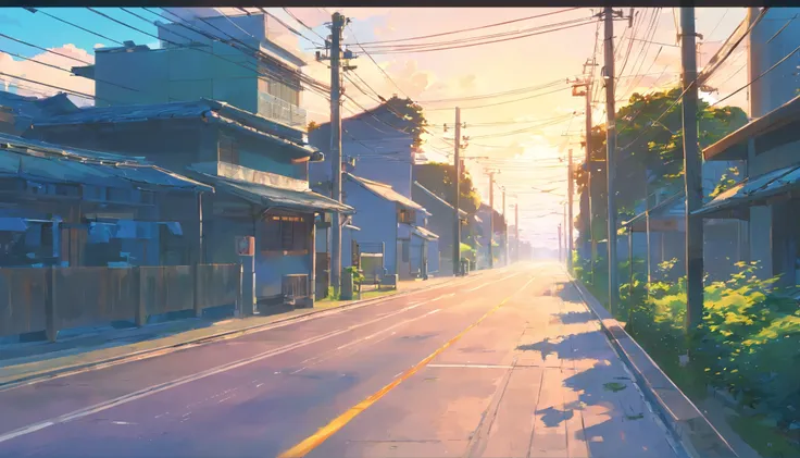 There is a painting of a road with wires and poles, anime countryside landscape, Anime background art, Anime landscape, Highly detailed illustration.”, anime style cityscape, Makoto Shinkais style, anime backgrounds, Anime landscapes, in the style of makot...