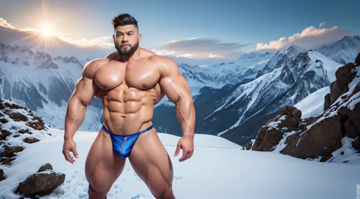 A Chinese bodybuilder， on，the super hot and sexy，Blonde hair, short detailed hair, on a snowy mountain，Sunset lights, Short beard perfect figure with tattoos, Very huge and strong body, Bulging muscles, musculous, Very large pectoral muscles，Very sexy abs，...