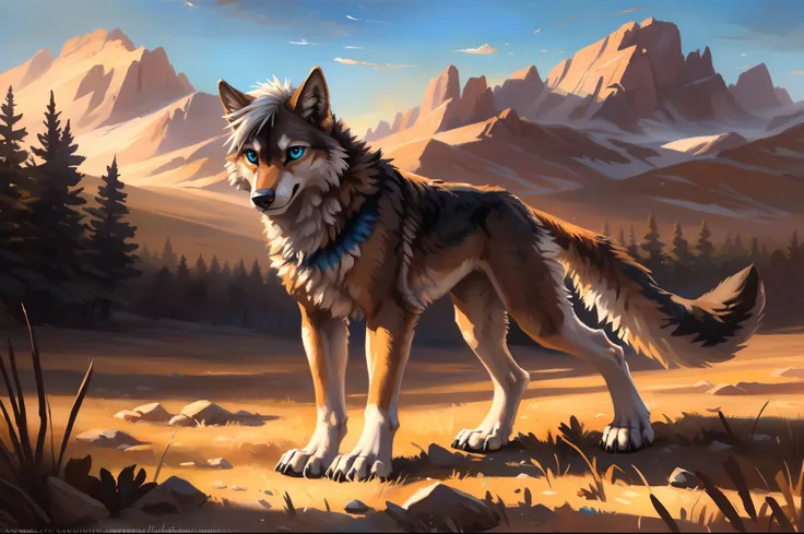 ((Solo)), male people, coyote, (Multi-colored fur, White-brown:1.3), ((Wolf face, White hair, Big eyes, White eyelids, Blue pupil, Slim:1.2) (Tough, Calm expression:1.2)), Abs, Slim, pinging)), (Correct anatomy), The upper body is naked,A big tail，Feet，Lon...