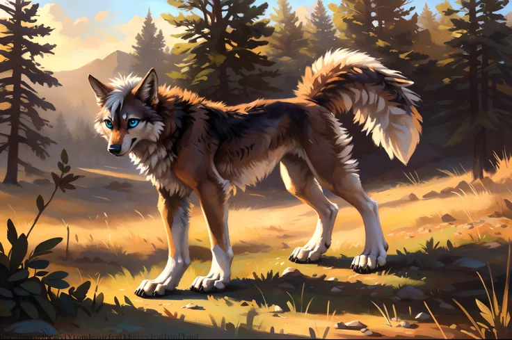 ((Solo)), male people, coyote, (Multi-colored fur, White-brown:1.3), ((Wolf face, White hair, Big eyes, White eyelids, Blue pupil, Slim:1.2) (Tough, Calm expression:1.2)), Abs, Slim, pinging)), (Correct anatomy), The upper body is naked,A big tail，Feet，Lon...