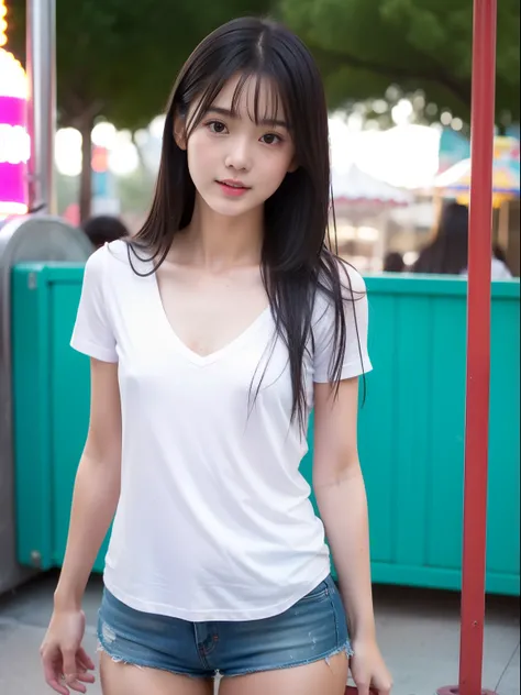 年轻，(a miniskirt)，tshirts，teens girl，Delicate body，petite body，Delicate body，small tits，tiny chest，Short，A dark-haired，Very Longhair，a shower，An amusement park