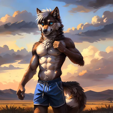 ((Solo)), male people, anthro wolf, (Multi-colored fur, White-brown:1.3), ((Wolf face, White hair, Big eyes, White eyelids, Blue pupil, Slim:1.2) (Tough, Calm expression:1.2)), Abs, Slim, pinging)), (Correct anatomy), (Work shorts:1.1), (Contour bone:1.2),...