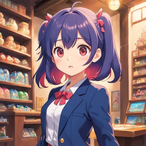 Very cute chibi anime girl, Mini Characters、Solo, Simple background, Beautiful twin tails 、 Pretty girl、Cute Chibi、 Dark blue blazer, Pink skirt、High School Uniform, Full body ,Im insanely surprised、 I was very surprised.、Highly detailed face and eyes, The...