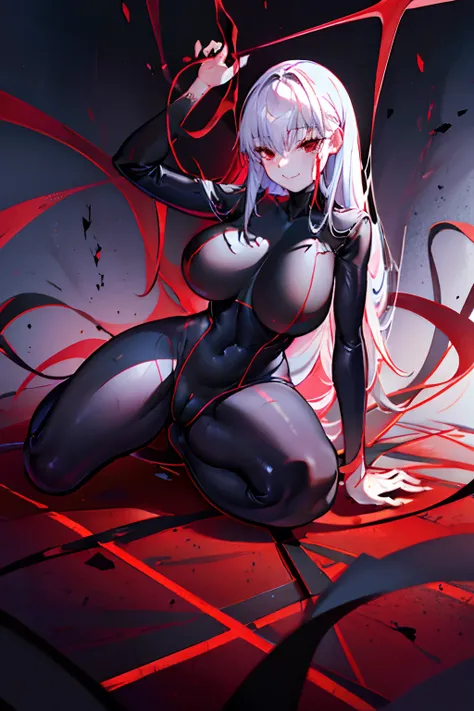 Black full body suit　Red lines all over the body　huge tit　Big ass　Whip thighs　seductiv　a smile　succubus　Bare legged　crawl