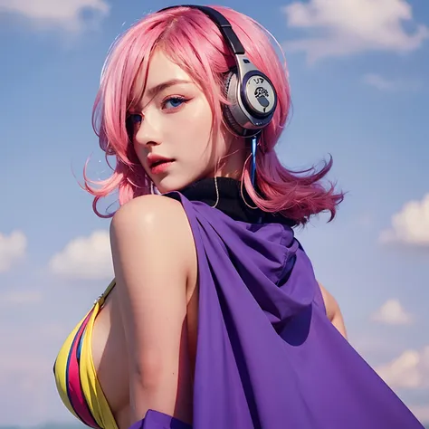 Top Quality, Masterpiece, High Definition, 1girl, Beautiful and Perfect Face,big breast, Cinematic Feel, 8K, Very Detailed ,blue eyes,pink hair,beatiful young lady,righ eye covered by hair,the earphone say the number 66