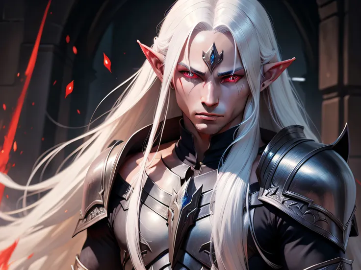 drow, male, male focus, pointy ears, red eyes, armor, elf, white hair, shoulder armor, upper body, closed mouth, long hair, paul...