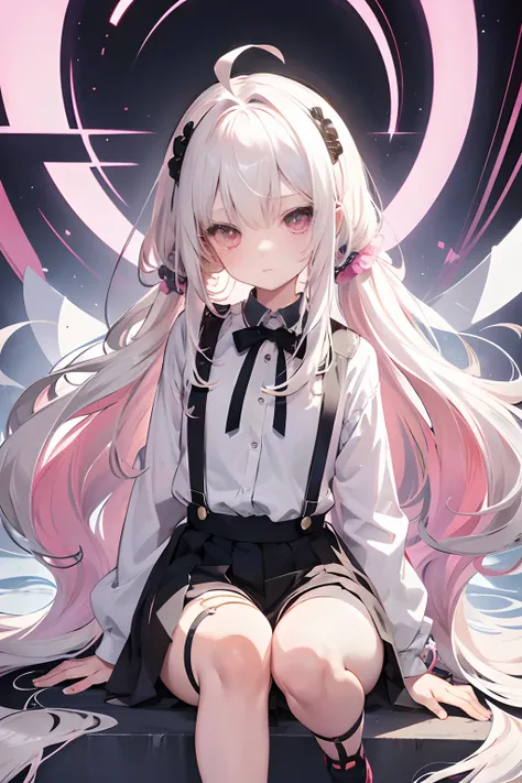 art book,Girl,mesugaki,Long hair,Platinum blonde hair,Striped hair,ahoge,hair scrunchie,，Pink eyes，Suspenders，White silk in front of the knee