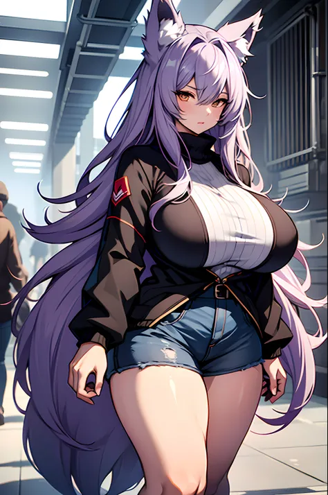 one woman, wolf girl, wolf ears, wolf tail, violet hair, strong, firm body, thick thighs, big breasts, muscular arms, casual clothes, sfw, sexy, full body, masterpiece, highly detailed, tall woman, shiny clothes,