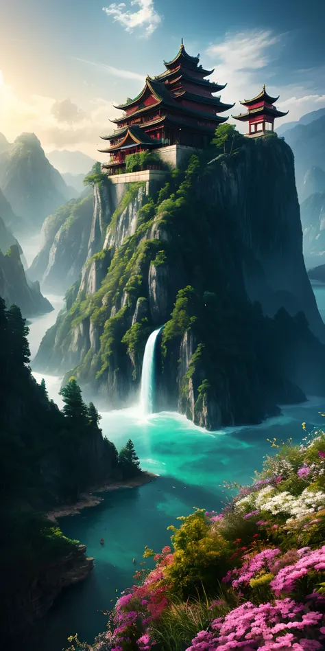 masterpiece, best quality, high quality, extremely detailed CG unity 8k wallpaper, outdoors, sky, cloud, night, no humans, mountain, A Chinese-style palace sits on the hillside, moonlight, cinemagraph, landscape, water, tree, dark sky, waterfall, cliff, na...