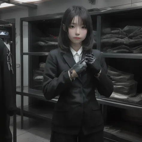 A young Japanese woman holding a black suit up to a shirt, a black leather glove worn in both hands, a womans hand with a black suit and black leather gloves in front of her